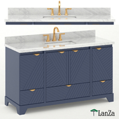 Double sink blue wooden vanity with Carrara marble top