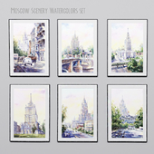 Landscapes of Moscow in the passepartout. Watercolor (set-21)