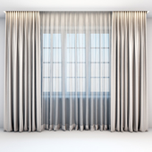 Satin straight beige curtains in the floor and tulle in a modern style