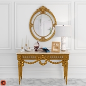 Louis XVI Console in Gilt Wood & Oval Brown Resin Mirror
