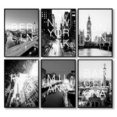Черно-белые постеры с городами: Париж, Барселона, Милан, Берлин, Лондон, Нью-Йорк.