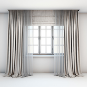 Светло-бежевые прямые шторы в пол с отделкой тюлем, римскими шторами и окно с раскладками.