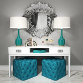 Dressing table with puffs, lamps and decor