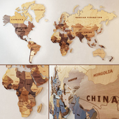 A world map made of wood.