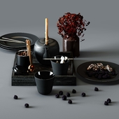 BLACK FLUTED set - thermal teapot, plates and cups