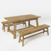 A table and a bench in the style of country. Table and bench in rustic style