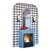 Камин голубой, бра, красный декор, зеркало и панно в стиле поп-арт (Fireplace sconce mirror and decor pop art Blue red 01 YOU)