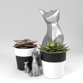 Pot succulent plants with Fox metal sculptures