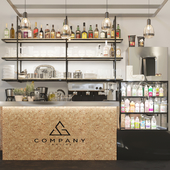 Minimalistic design of a pub with strong alcohol and a coffee machine. Cocktail