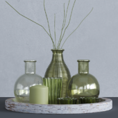 Bloomingville Green Glass Votive Collection With Wooden Tray