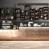 The bar counter in the restaurant with a copper decor and a coffee machine. Tableware