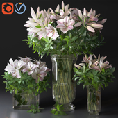 Pink lily bouquet flower glass vases decorative set