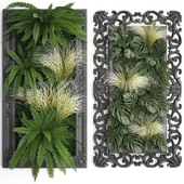 Vertical landscaping in a classic black frame with garden fern, monstera, phytomodule, phytostena, Painting. Set 58