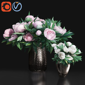 Pink and White Peony Metal Vases
