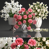 A collection of beautiful decorative bouquets in classic vases with pink peony, White tulips, Iris. Set 110.