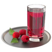 Glass cup with raspberry drink, raspberries and leaves