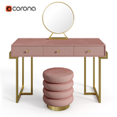 Pink Velvet Upholstered Makeup Vanity Table with Ottoman