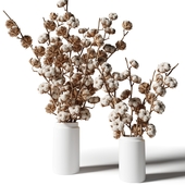 Two bouquets of cotton in white vases