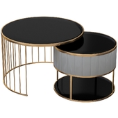 Modern round gold and gray coffee table with tempered glass shelf, 2 pcs