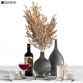 Decorative Set Vol 10 Dried Pampas Vase Candle glass And Bottle of wine