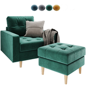 Armchair with ottoman / pouf Siteno in 4 colors (Barhat Emerald Gray Amber Velvet Ocean) from Divanru
