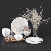 TableWare Set 01 - Black and White Crockery with Glass
