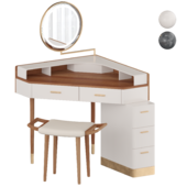 Modern Corner Makeup Vanity Table with LED Lighted Mirror, Vanity Desk with 5 Drawers, Piano Finish, Solid Wood Legs, Stool, 29.5'