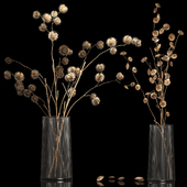 Natural decor bouquet of dried flowers, branches with thorns thistle in a glass vase, eucalyptus. 244.