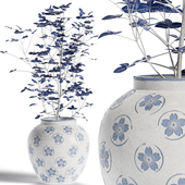 Blue Floral Vase with Plant