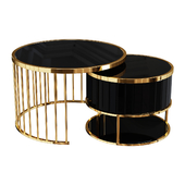 Журнальный столик             Modern Round Gold & Black Nesting Coffee Table with Shelf Tempered Glass Top 2 Piece Set                  журнальный стол