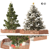 2 outdoor Christmas trees with wood fence