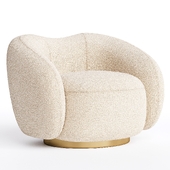 Beige Bouclé Fabric and Brass Finishes Swivel and Curved Armchair