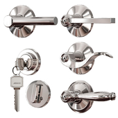 Chrome plated metal door handles. lock and key