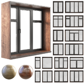 A set of plastic windows with wooden trim.