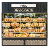 Showcase in a bakery with pastries. Bread