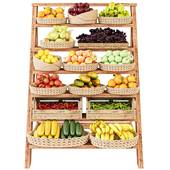 Showcase with fruits and vegetables in the market or supermarket