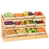 Showcase in a supermarket or market with fruits and vegetables