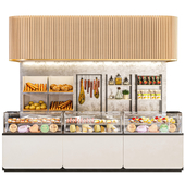 Shop with a showcase with desserts and meat products