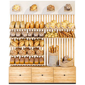 Showcase with pastries and bread in a bakery or supermarket