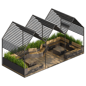 City parklet with canopy and tall grass