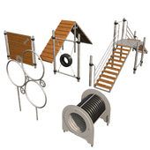 Equipment for dog walking areas. Rings, tunnel, barriers, stairs, tire.