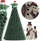 Christmas tree and wooden snowman