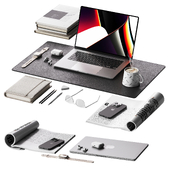 Gray minimalistic decor for a workplace with a set of Apple equipment