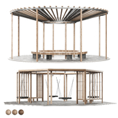 Set of pergolas (gazebos, canopies) with swings, benches