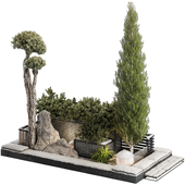 snowy backyard and landscape garden topiary pine tree and bush set 277