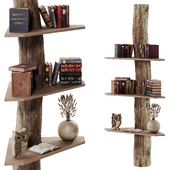 Corner shelving with a tree trunk as a base