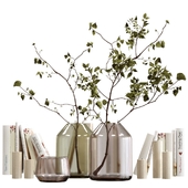 Decorative set with candles, vases, branches and books