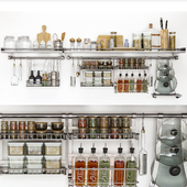 Shelf with kitchen utensils and spices