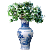 A bouquet of white flowers in a Chinese vase, pot, flowerpot,urn for decoration Pattern chinoiserie. Indoor plant