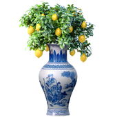 Lemon tree in a Chinese vase,potted flowerpot. Decorative Citrus Houseplant